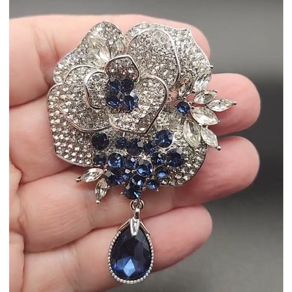 Classic Rhinestone Waterdrop Flower Brooch Navy Blue & Clear Stones